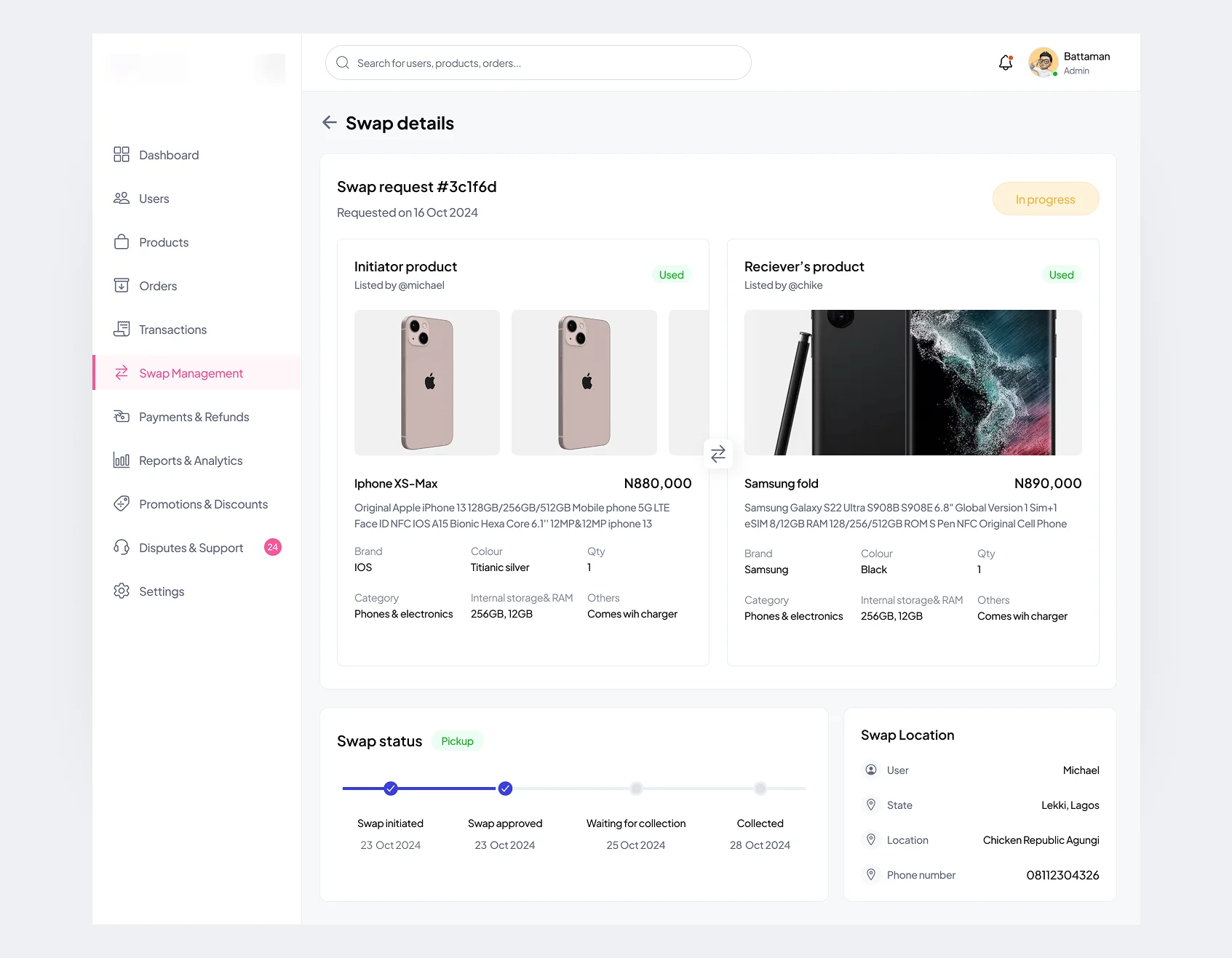 Swap Details Page